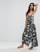 Asos Cami Satin Jumpsuit With Lace Up Front In Floral Print - Multi