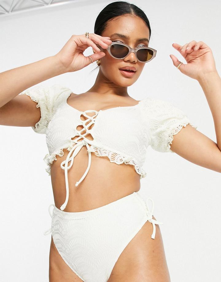 Asos Design Crochet Lace Up High Leg High Waist Bikini Bottom In Ivory-white