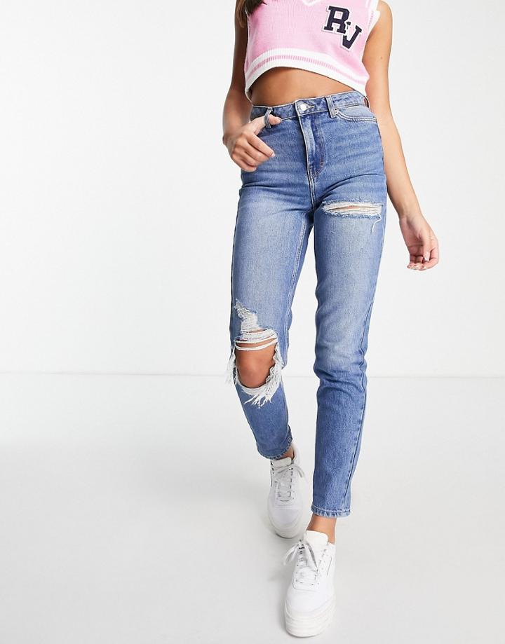 Topshop Super-rip Mom Jean In Mid Blue