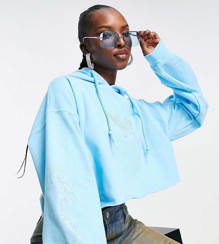 Asyou Hotfix Butterfly Graphic Cropped Hoodie In Aqua-blue