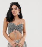 River Island Beach Crop Top With Ruched Front In Spot - Brown