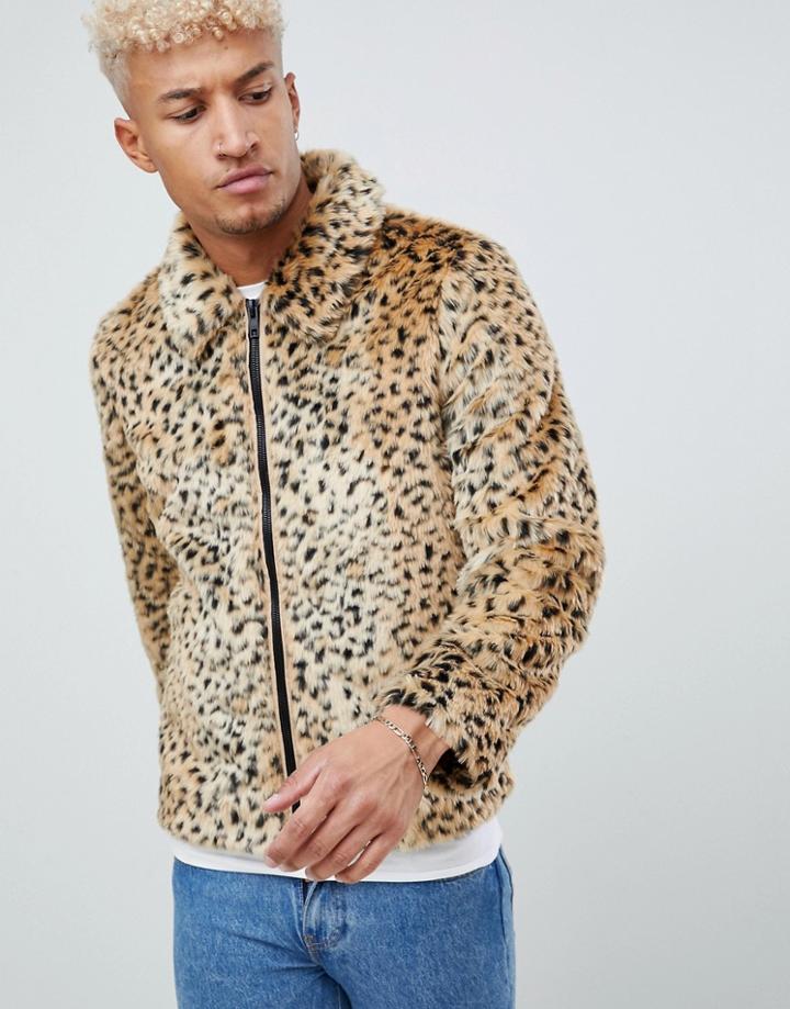 Asos Design Faux Fur Western Jacket In Leopard Print - Tan