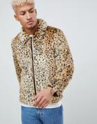 Asos Design Faux Fur Western Jacket In Leopard Print - Tan