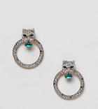 Aldo Leopard Head Rhinestone Hoop Earrings With Emerald Stones - Silver