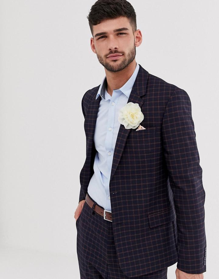 Asos Design Wedding Skinny Suit Jacket In Navy And Orange Grid Check