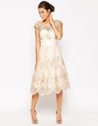 Chi Chi London Premium Lace Midi Prom Dress With Bardot Neck - Pink