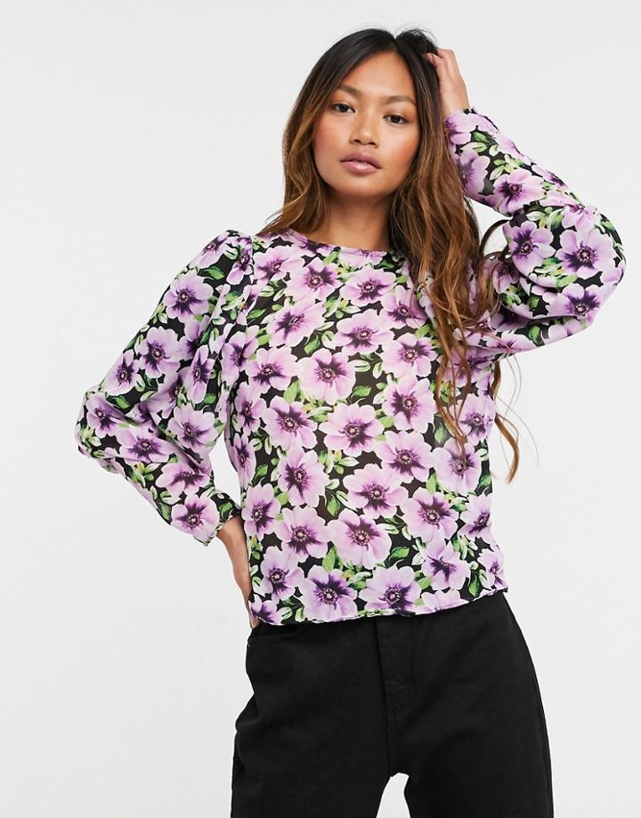Asos Design Long Volume Sleeve Blouse In Floral Print-multi