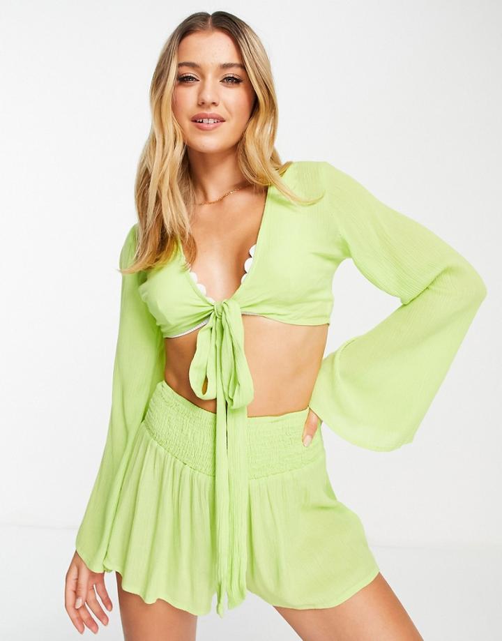 South Beach Crepe Front Knot Top And High Waist Short Set In Lime Green