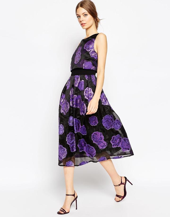 Asos Metallic Flower Organza Crop Top Midi Prom Dress - Purple