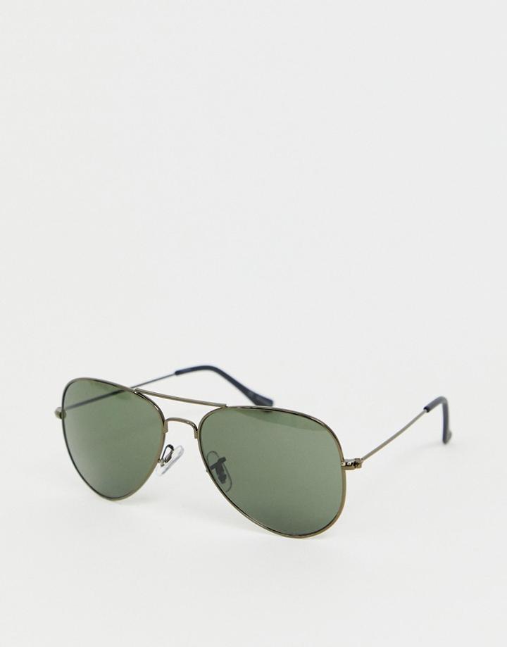 Jack & Jones Aviator Sunglasses In Black Lens - Black