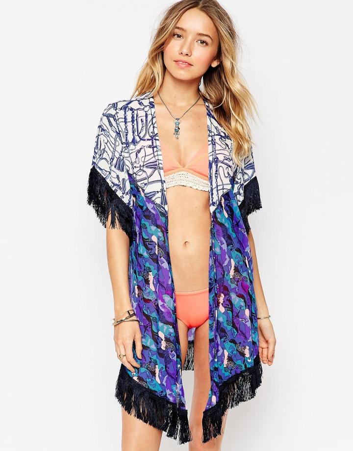 Maaji Tassle Printed Beach Kimono - Blue Multi