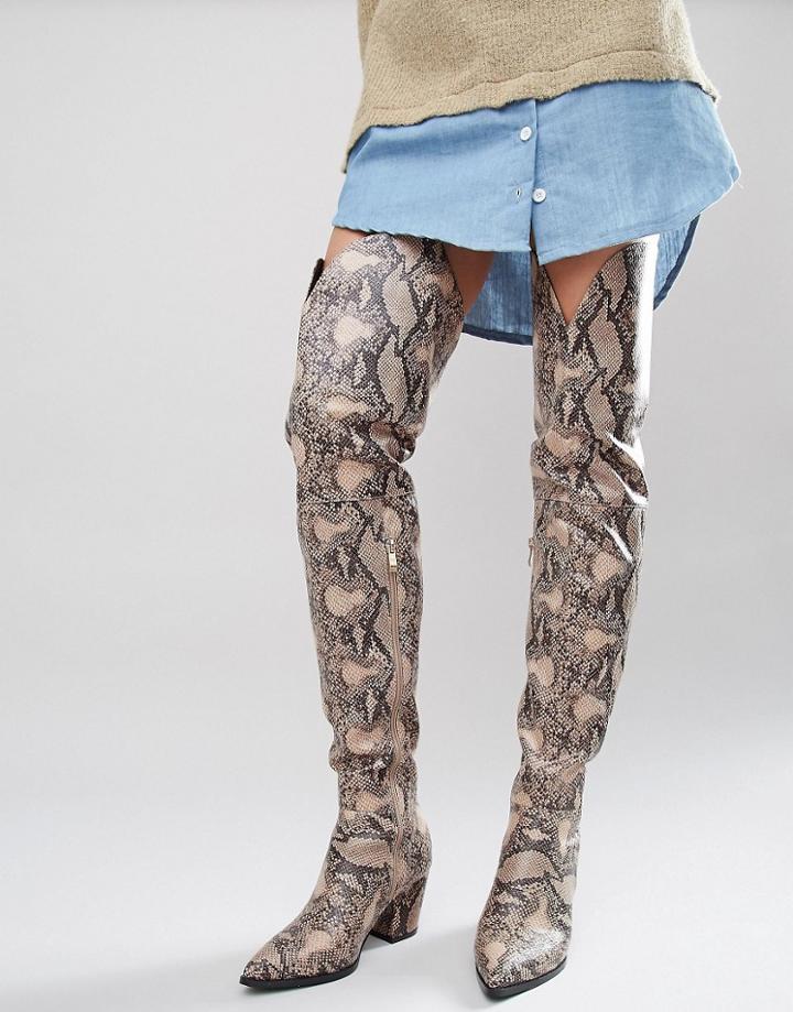 Daisy Street Snake Print Heeled Over The Knee Boots - Multi