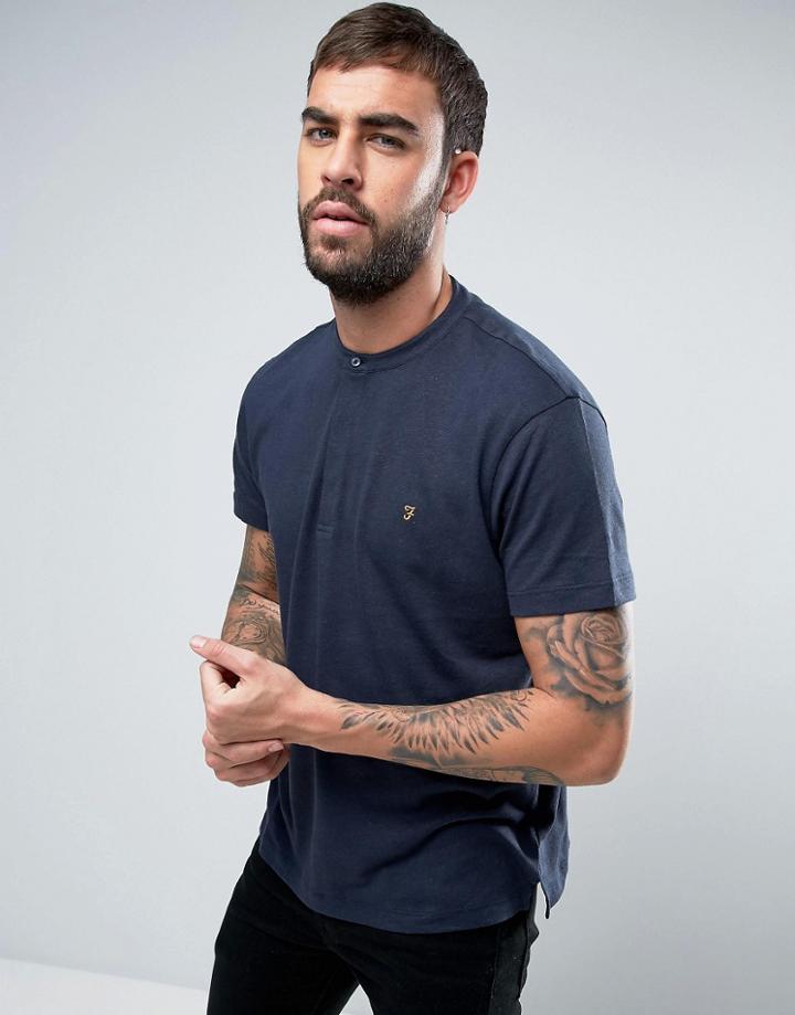 Farah Weddell Henley T-shirt Linen Regular Fit In Navy Marl - Navy