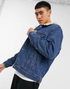 Pull & Bear Denim Jacket In Blue With Shearling Collar-blues
