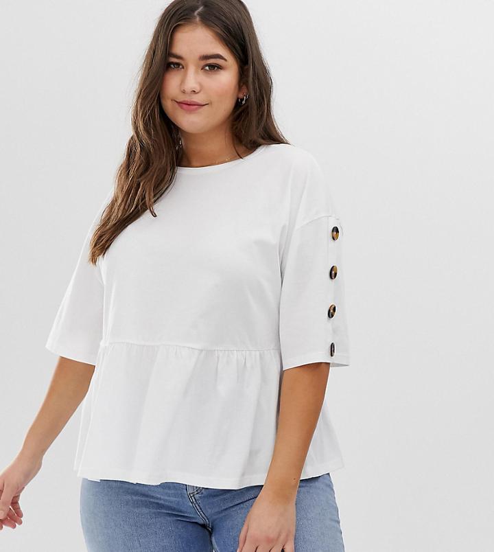 Asos Design Curve Smock Top With Tortoishell Button Sleeve - White