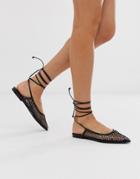 Asos Design Lucid Mesh Tie Leg Ballet Flats In Black