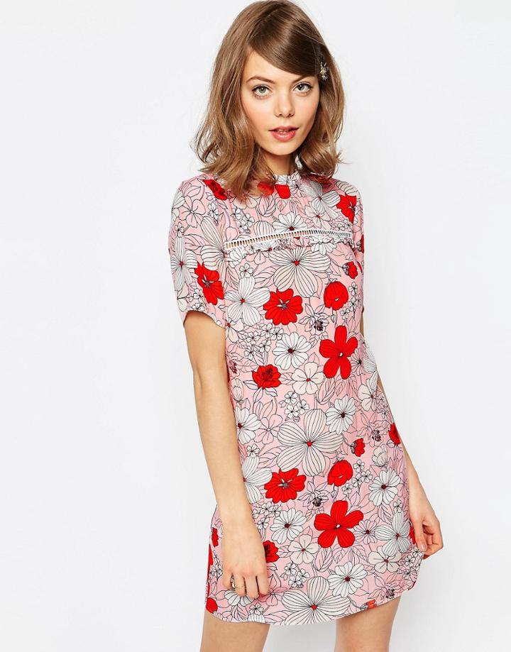 Asos Shift Dress In Poppy Floral Print With Ladder Trim - Multi