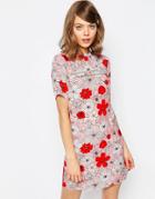 Asos Shift Dress In Poppy Floral Print With Ladder Trim - Multi