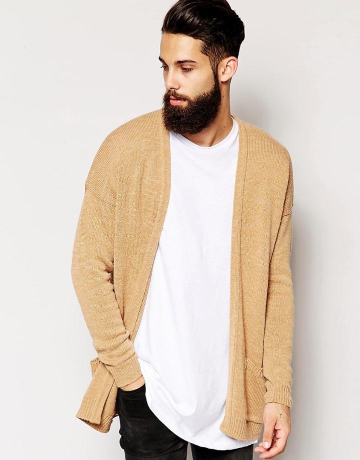 Asos Longline Cardigan In Brushed Texture - Brown