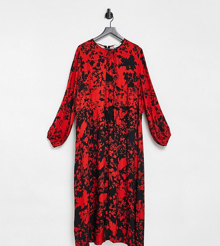Closet London Plus Long Sleeve Split Midi Dress In Black And Red Contrast Floral-multi