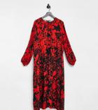 Closet London Plus Long Sleeve Split Midi Dress In Black And Red Contrast Floral-multi