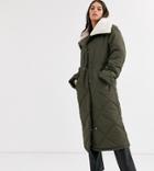 Asos Design Tall Quilted Maxi Puffer Coat With Fleece Collar In Khaki-green