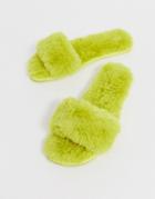 Asos Design Nia Fluffy Slider Slippers In Chartreuse - Green