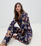 Asos Design Tall Oversized Sketched Floral Print Traditional 100% Modal Pants Set-navy