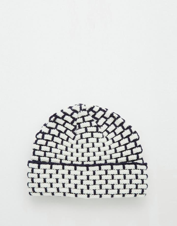 Asos Brick Beanie In Navy And Ecru - White