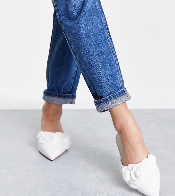 Asos Design Wide Fit Larch 3d Flowers Pointed Ballet Mules In White