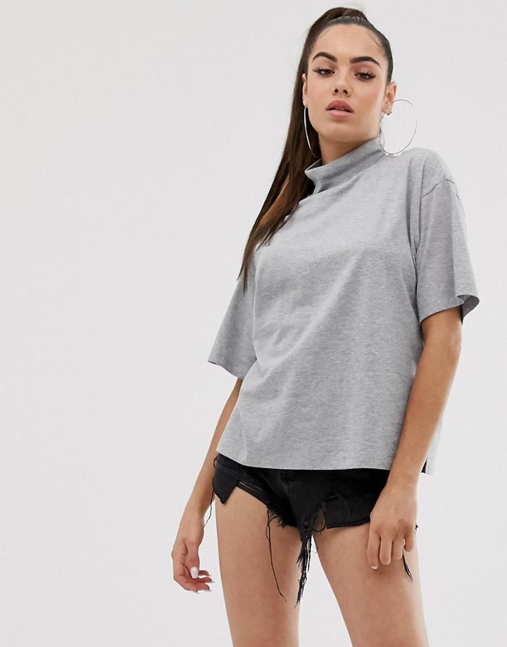 Asos Design High Neck Short Sleeve T-shirt In Gray Marl - Gray