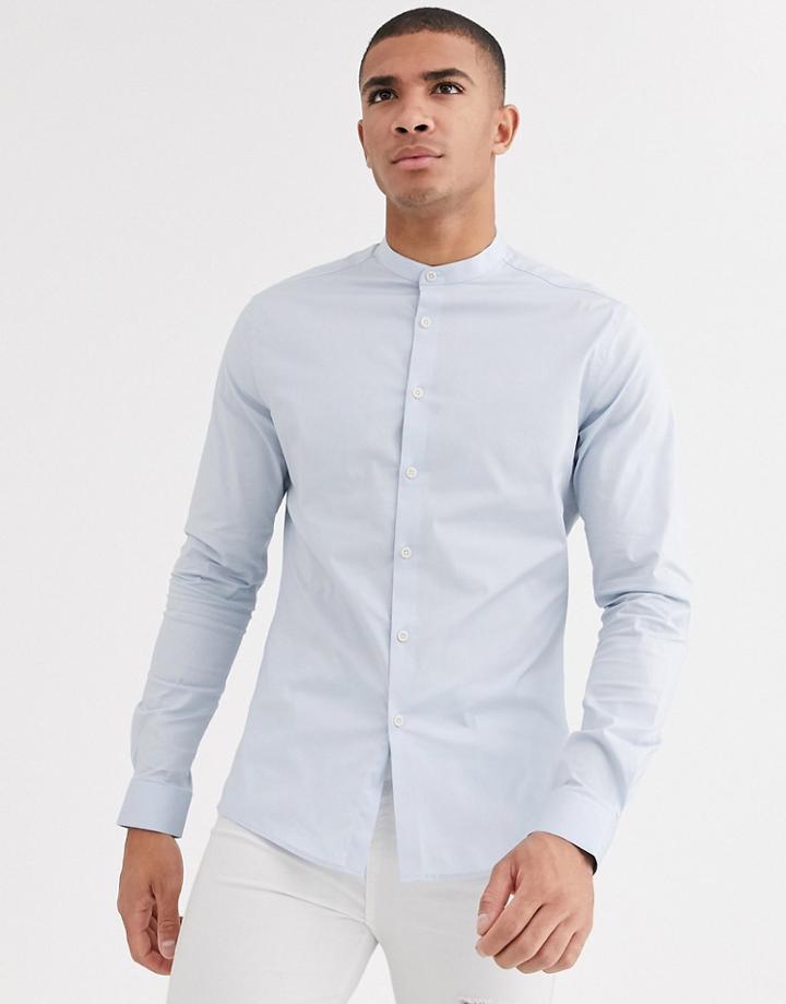 Asos Design Skinny Fit Poplin Shirt In Light Blue With Grandad Collar