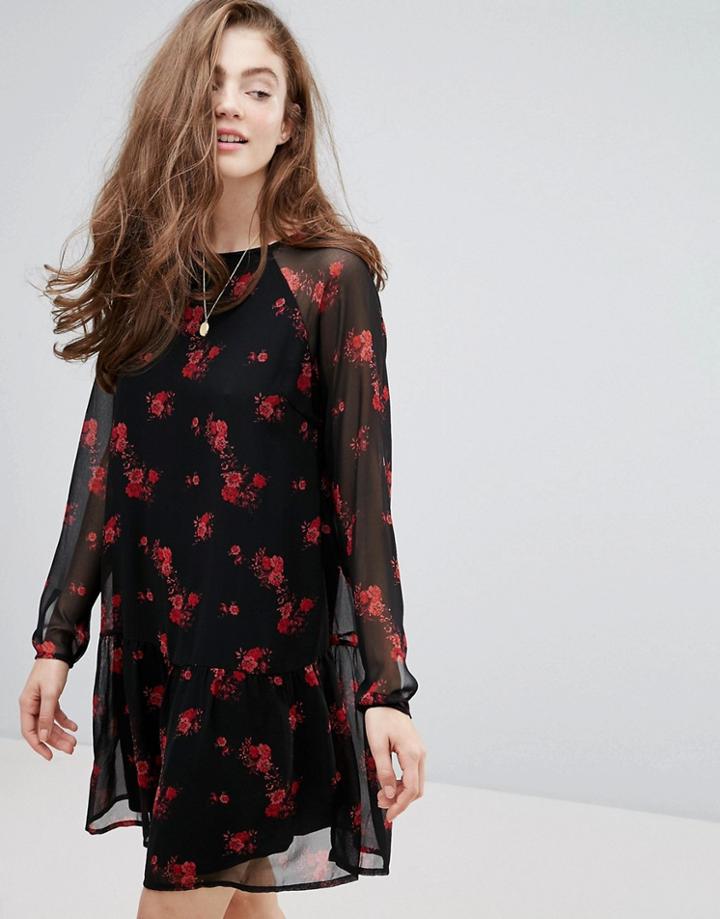 Pieces Floral Mesh Dress With Ruffle Hem - Black