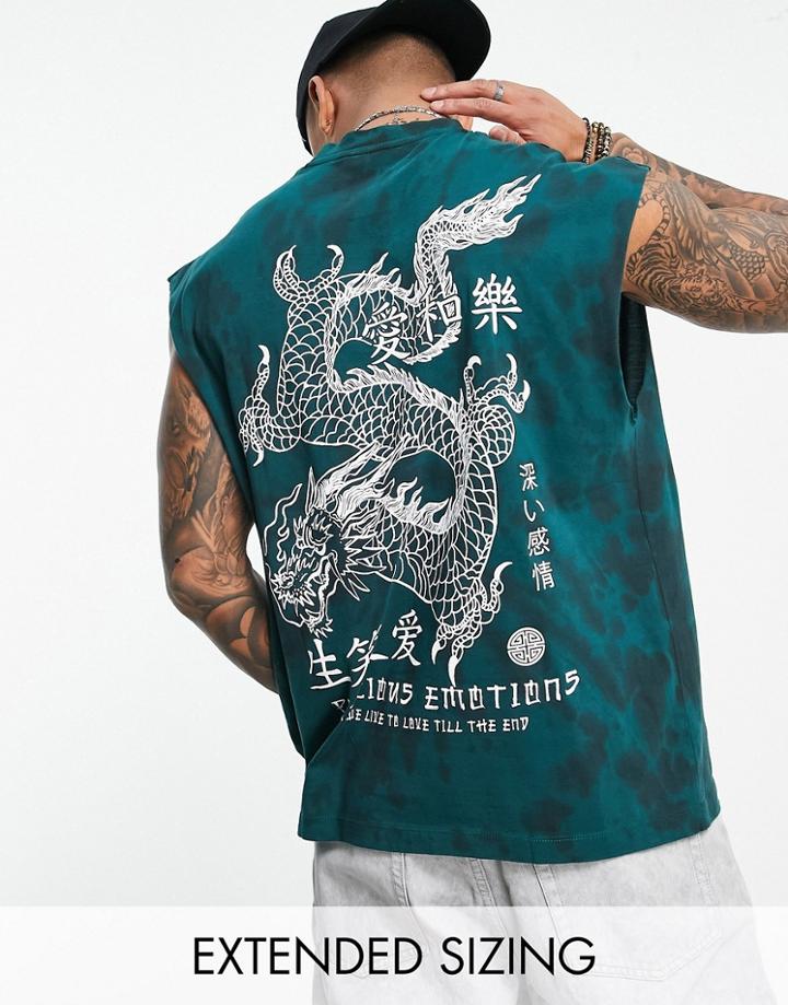 Asos Design Oversized Tie Dye Tank Top In Green With Souvenir Dragon Back Print