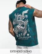 Asos Design Oversized Tie Dye Tank Top In Green With Souvenir Dragon Back Print