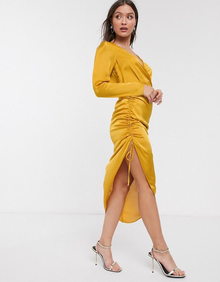 River Island Midi Wrap Dress With Gathered Side In Gold