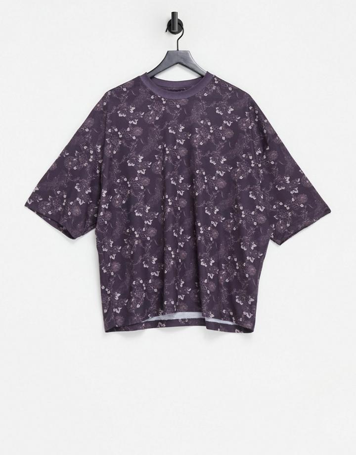 Asos Design Oversized T-shirt In Burgundy With All-over Bird And Floral Print-purple