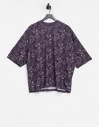 Asos Design Oversized T-shirt In Burgundy With All-over Bird And Floral Print-purple