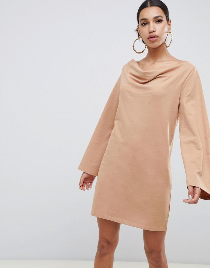 Asos Design Cowl Neck Mini Sweat Dress - Beige
