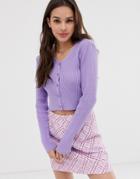 Daisy Street Long Sleeve Button Front Crop Knitted Top In Lilac-purple