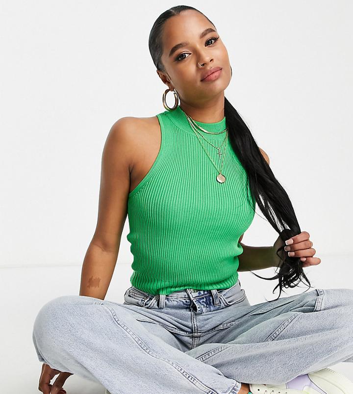 Asos Design Petite Knit Racer Tank Top With Ribbed Hem Detail In Green