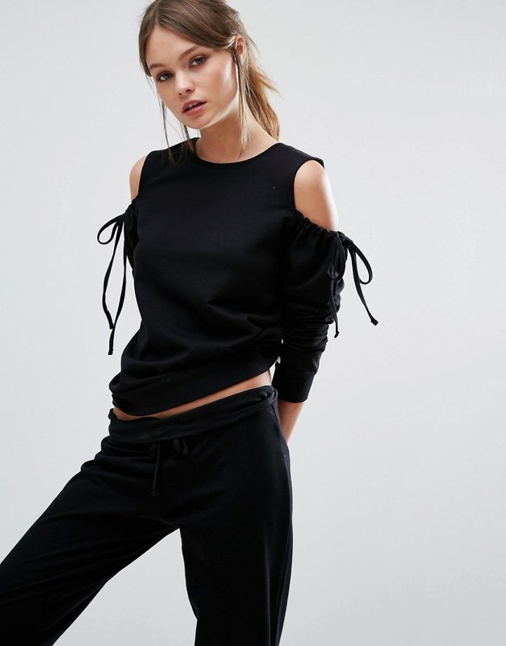 New Look Tie Cold Shouler Sweat Sweater - Black