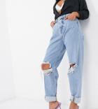 Asos Design Petite High Rise Slouchy Mom Jeans In Light Wash With Rips-blue