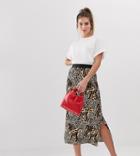 New Look Midi Skirt With Plisse In Leopard Print-brown
