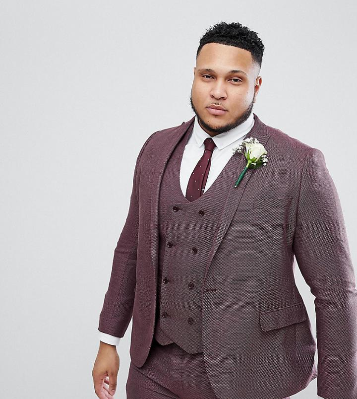 Asos Plus Wedding Skinny Suit Jacket In Damson Micro Texture - Purple
