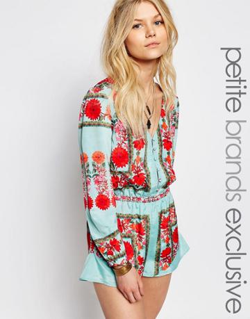 White Cove Petite Printed Plunge Front Long Sleeve Romper - Multi