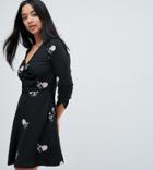 Asos Petite Floral Embroidered Mini Tea Dress - Black