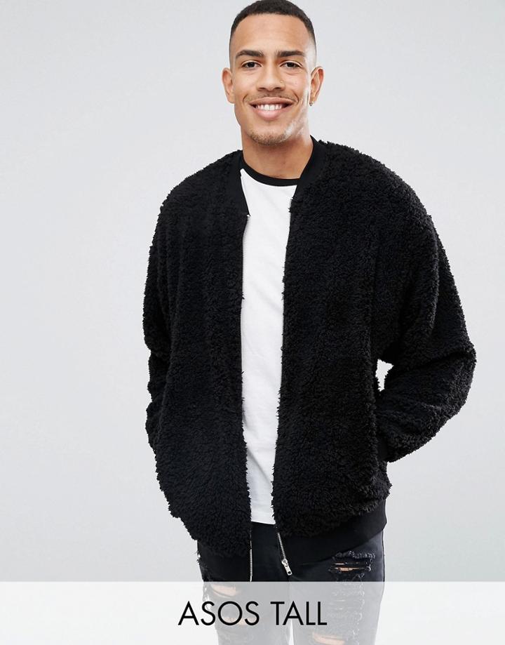 Asos Tall Oversized Bomber Jacket In Borg - Black