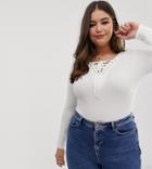 Brave Soul Plus Tara Long Sleeve Top With Lace Up Front-cream