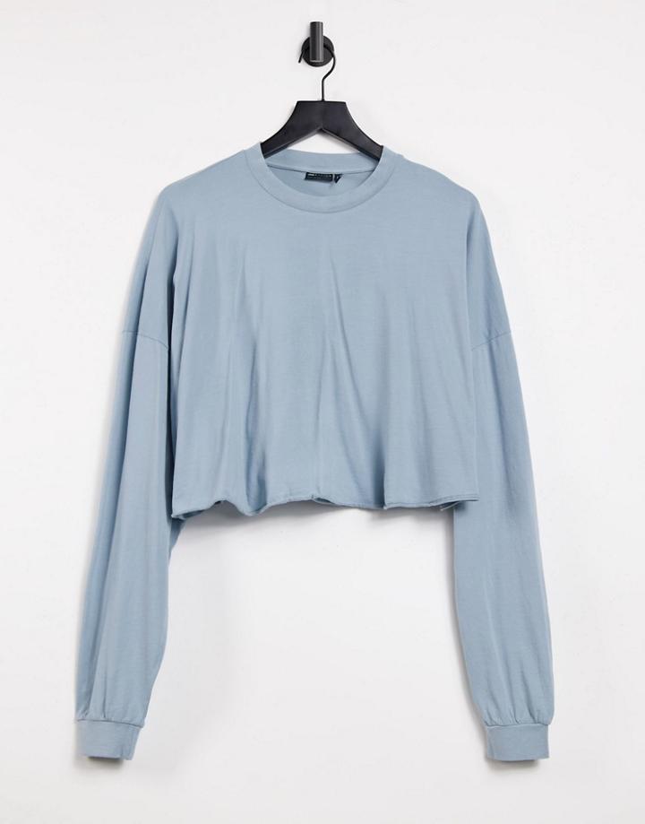 Asos Design Oversized Boxy Long Sleeve Top In Washed Blue-blues